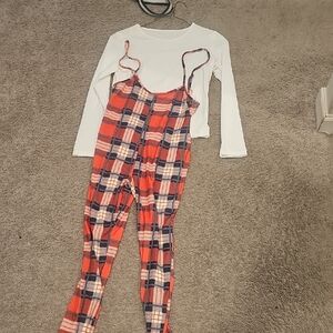 Red Plaid Jumpsuit with White Long Sleeve Top